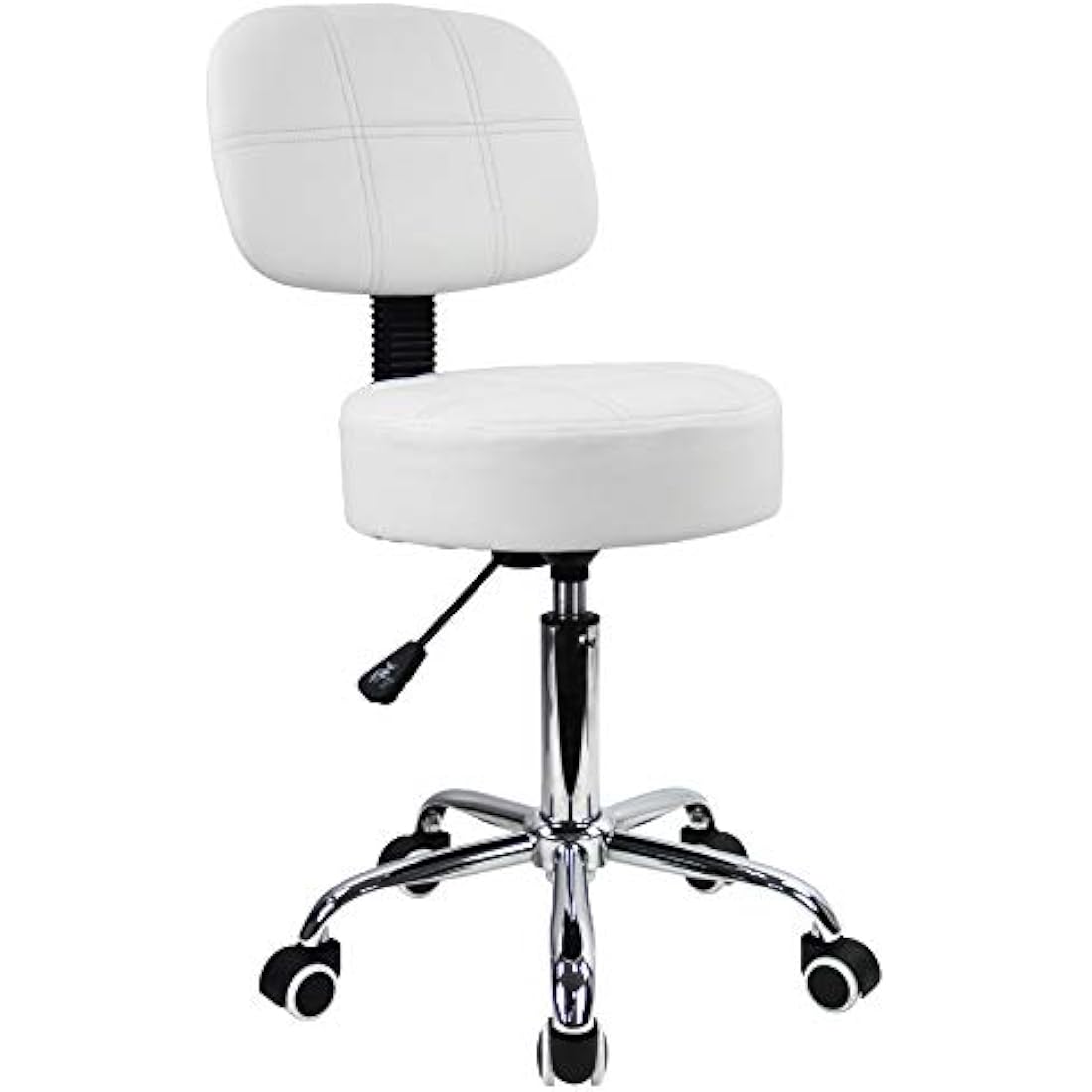 KKTONER Round Rolling Stool with Back - White PU Leather Swivel Chair