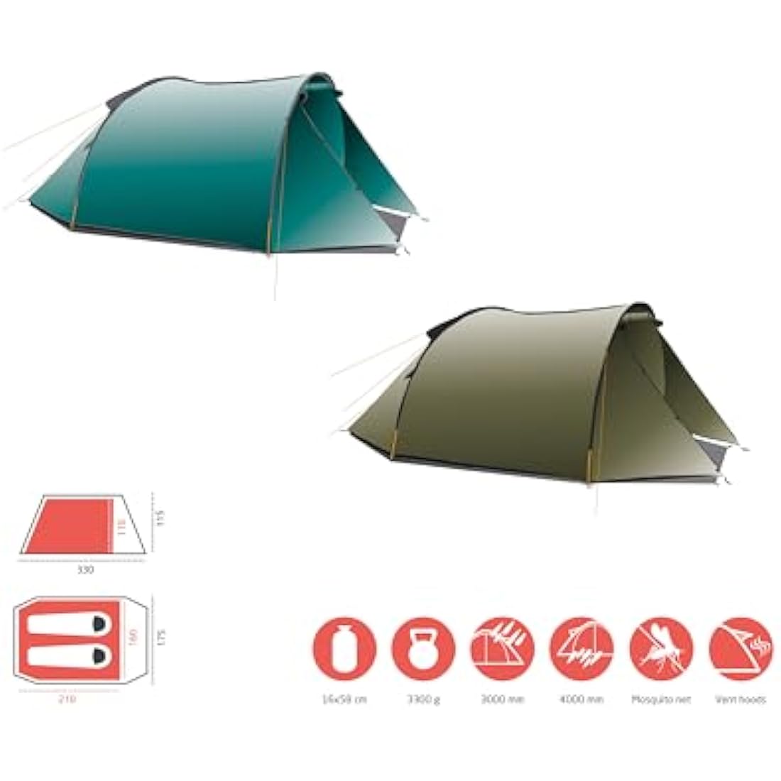 Grand Canyon Robson 2-Person Tunnel Tent | Lightweight Waterproof Camping