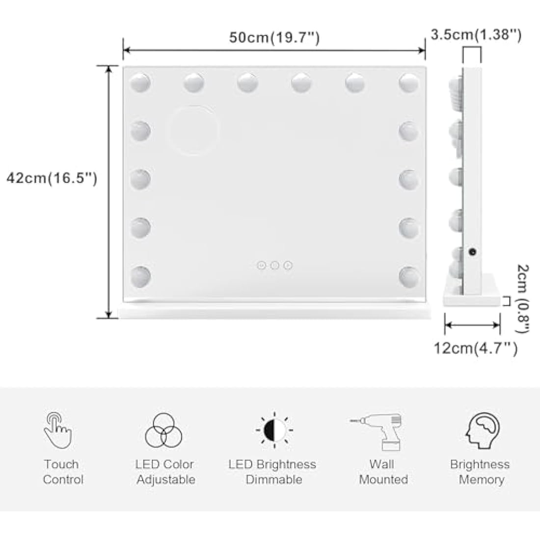 Dripex Hollywood Vanity Mirror with 14 Dimmable LED Bulbs - 50x42cm White