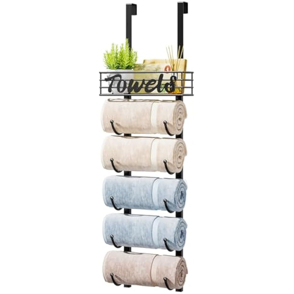 HapiRm 6-Tier Over Door Towel Rack | Wall Mounted Metal Storage with Basket