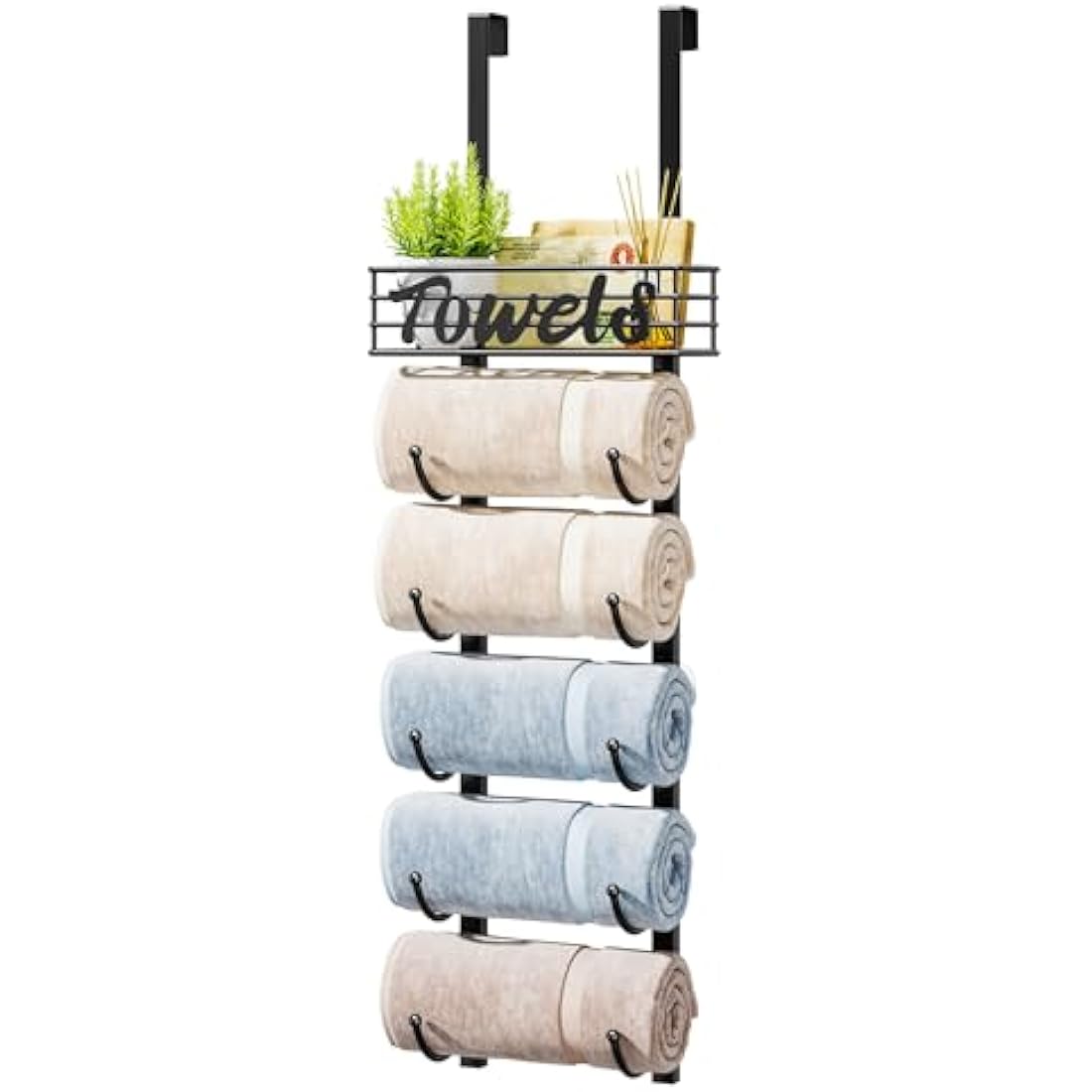 HapiRm 6-Tier Over Door Towel Rack | Wall Mounted Metal Storage with Basket
