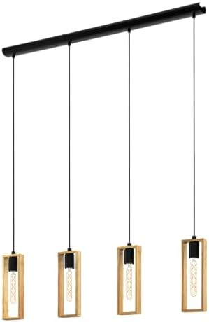 EGLO Littleton 4-Light Industrial Pendant Lamp | Wood & Black Metal