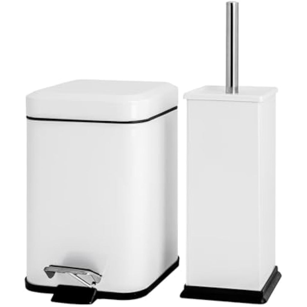 White Stainless Steel Bathroom Pedal Bin & Toilet Brush Set