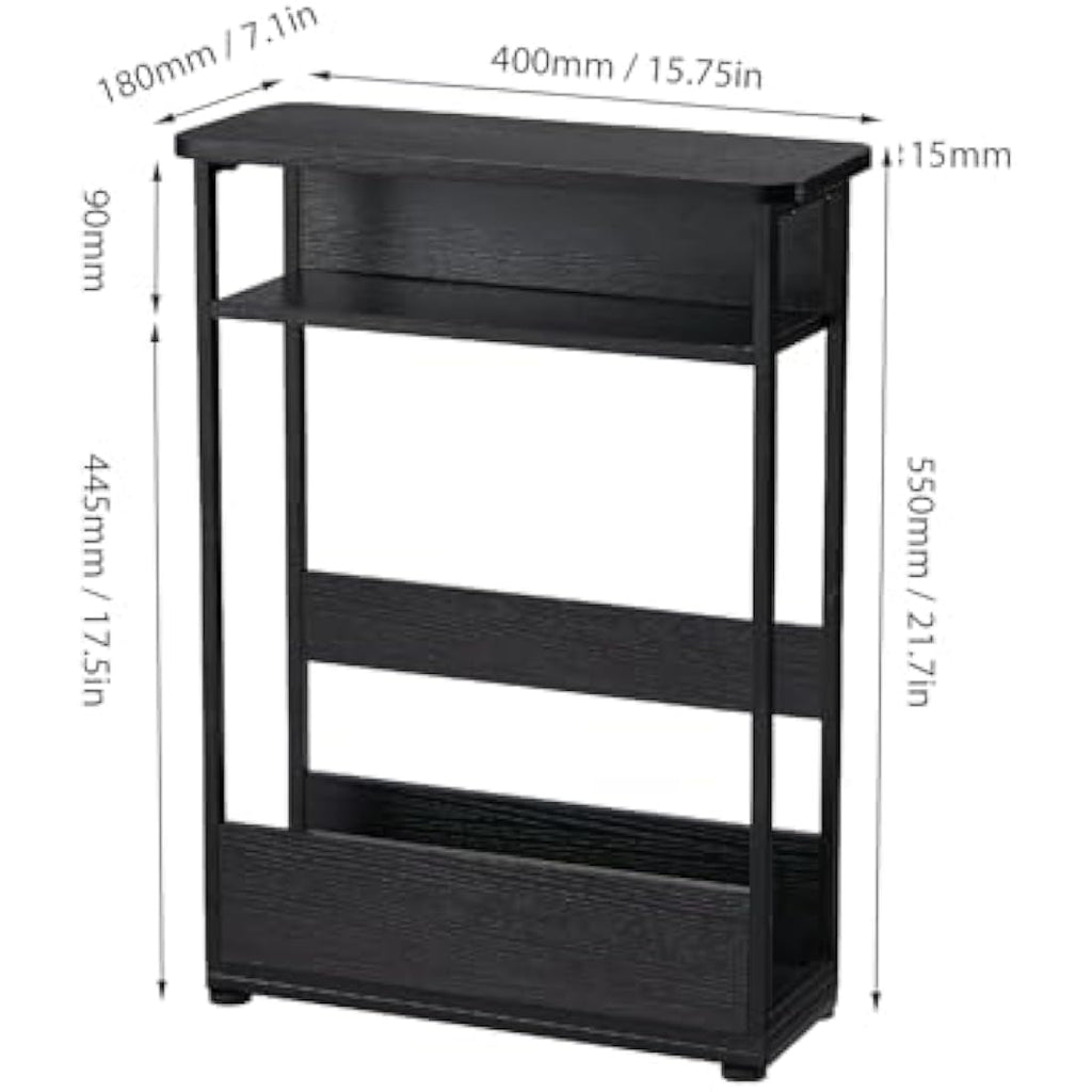 Narrow Side Table – Slim Nightstand with Magazine Rack, Black