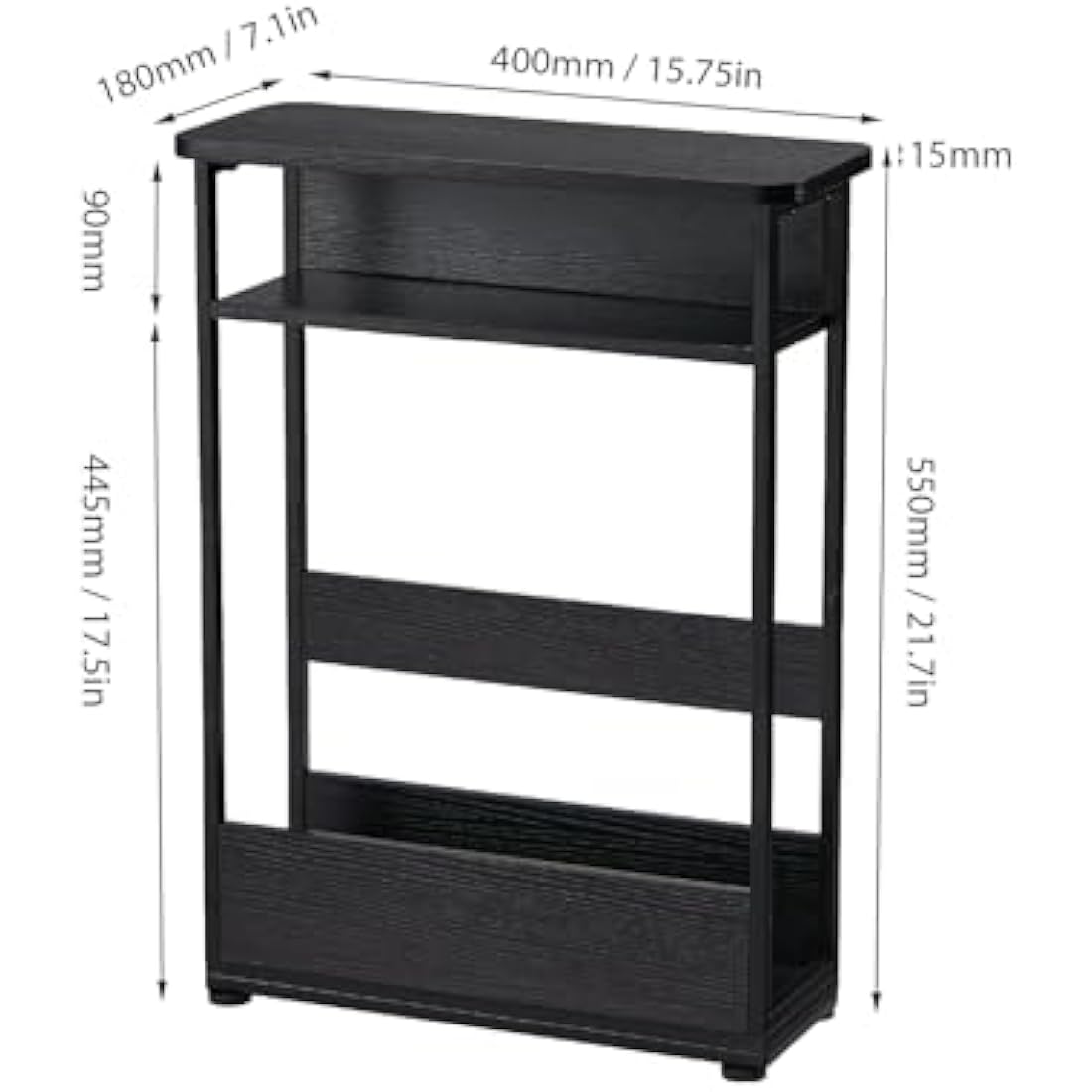 Narrow Side Table – Slim Nightstand with Magazine Rack, Black