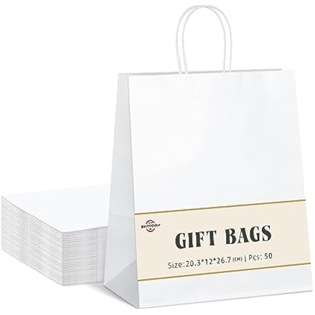 Switory White Kraft Paper Gift Bags with Handles - 50 Pack, 8x4.75x10.5 Inch
