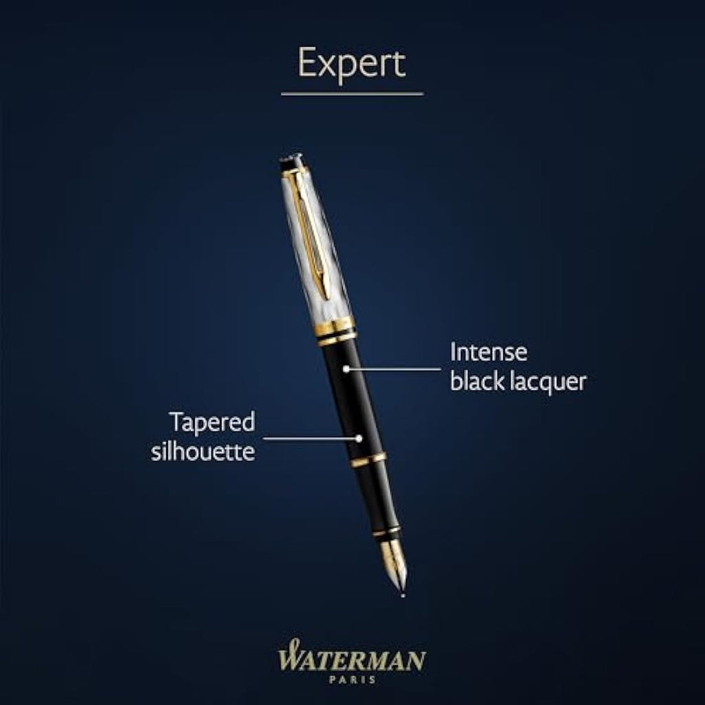 Waterman Expert Fountain Pen | Black Lacquer & Gold Trim | Medium Nib