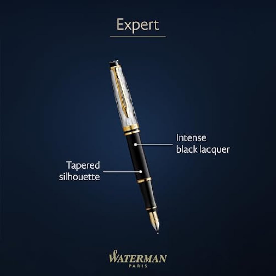 Waterman Expert Fountain Pen | Black Lacquer & Gold Trim | Medium Nib