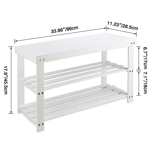 SMIBUY 3-Tier Bamboo Shoe Rack Bench – White Entryway Storage Organizer