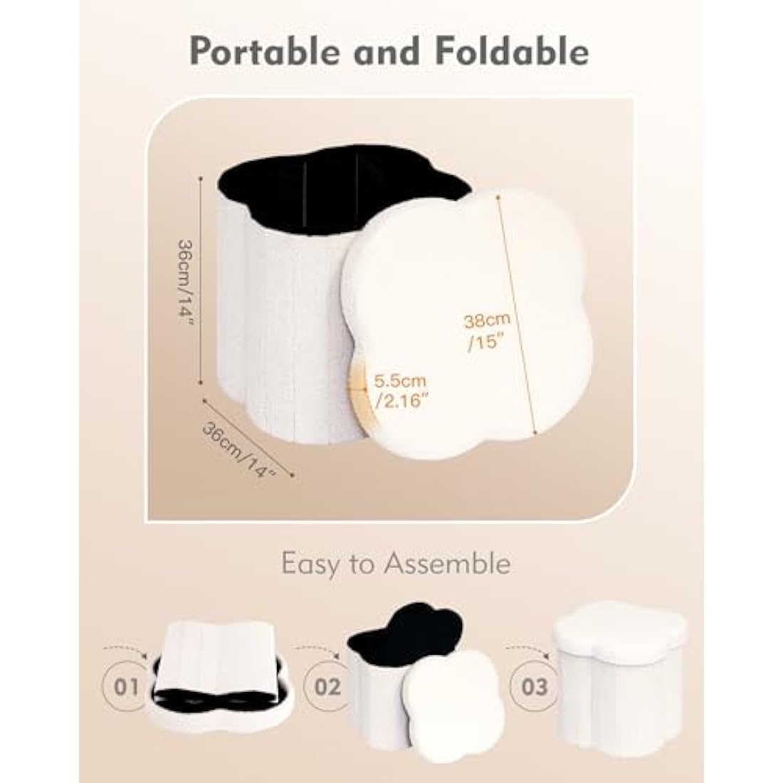 Bonlife White Boucle Storage Ottoman – Folding Teddy Flower Toy Chest