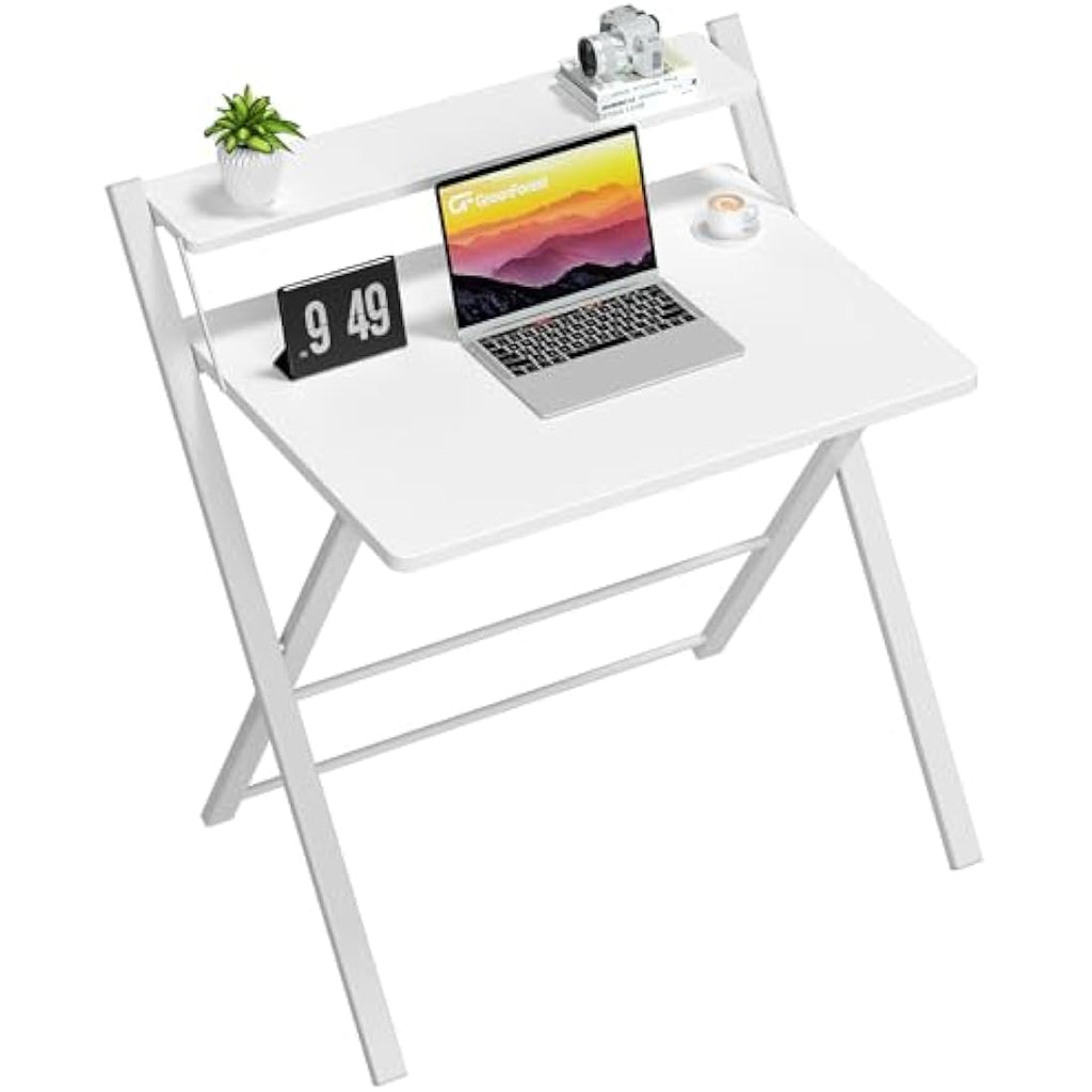 Foldable Computer Desk with Monitor Shelf - White Small Desk