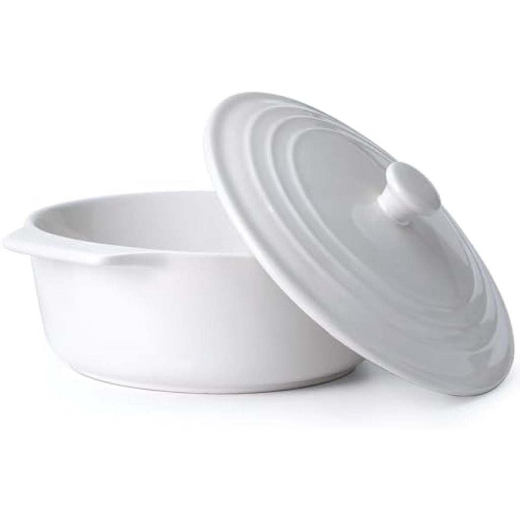 NUTRIUPS 23cm Ceramic Round Casserole Dish with Lid – White Stoneware