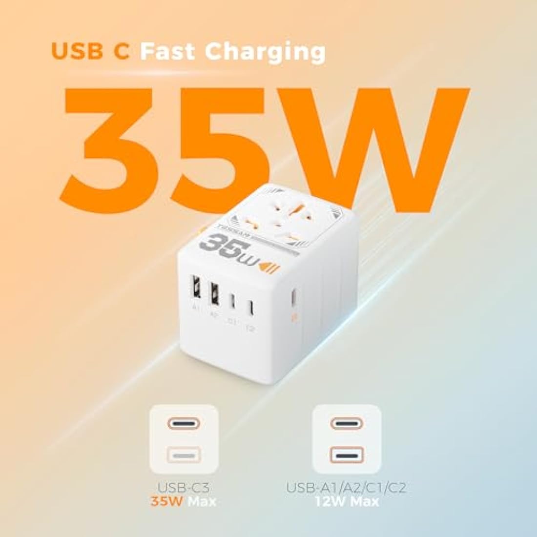 TESSAN Universal Travel Adapter - 35W International Plug with 3 USB-C