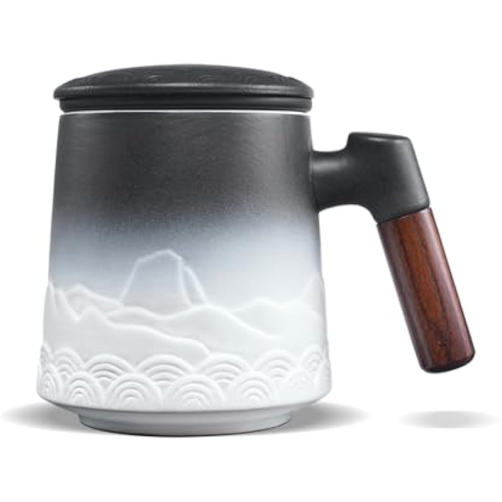 ZENS Ceramic Tea Infuser Mug with Wood Handle and Lid, 500ml - Black