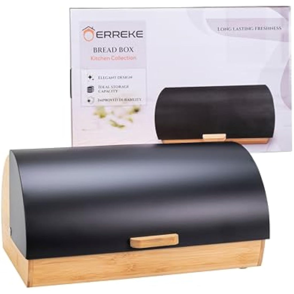 Erreke Matte Black Steel and Bamboo Roll Top Bread Bin – Large Storage