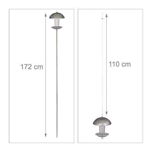 Relaxdays Bird Feeder - Standing or Hanging Seed Dispenser, Silver, 172cm
