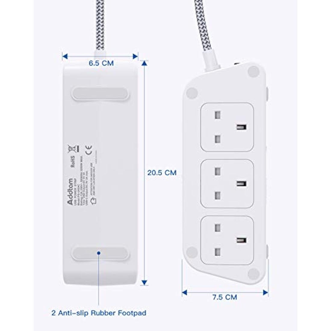 Addtam Extension Lead with 6 Outlets and 5 USB Ports – 3M Braided Cord