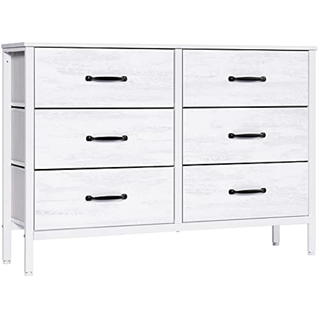 LYNCOHOME 6 Drawer Chest of Drawers | White TV Stand with Metal Frame
