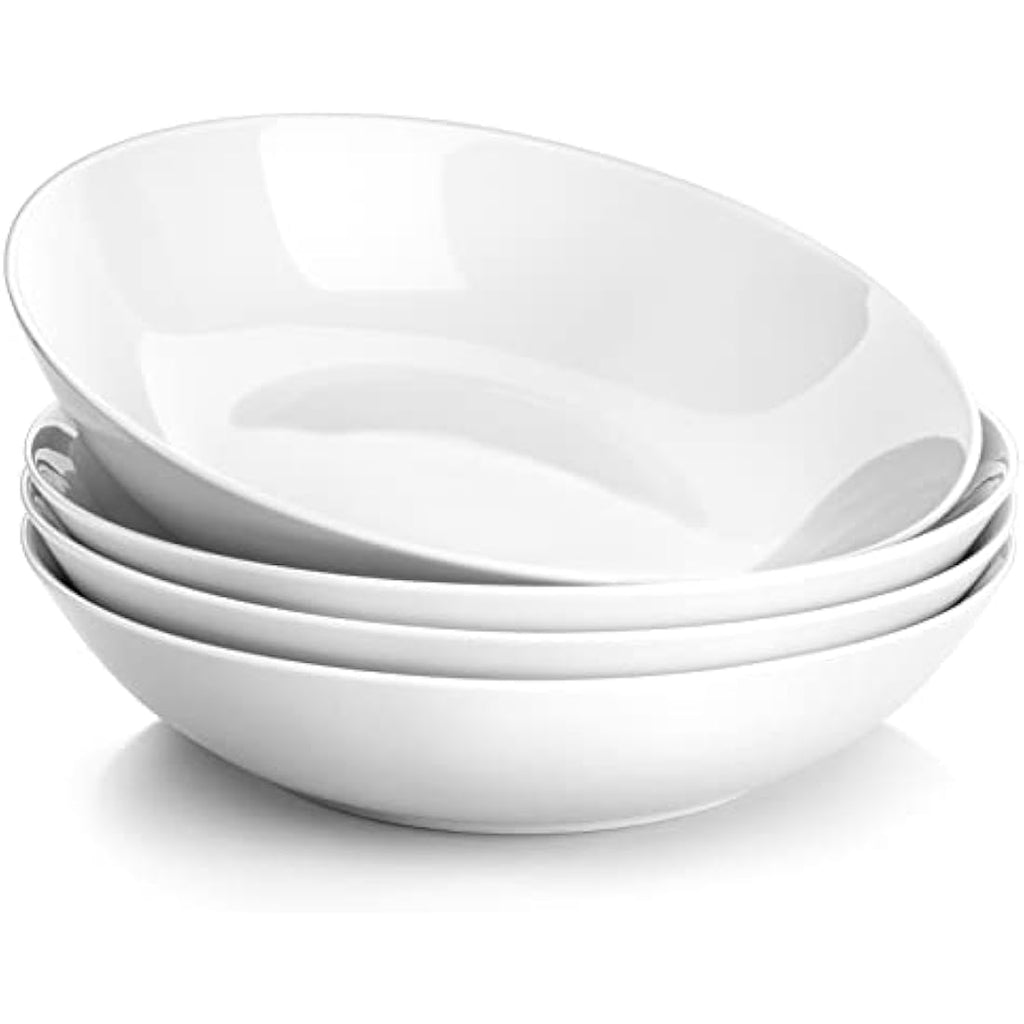 MALACASA 8" Porcelain Pasta Bowls - Set of 4 White Ceramic Salad Soup Bowls
