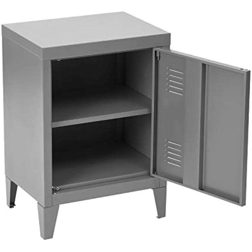 Homybec Small Metal Cabinet | 2-Tier Industrial Bedside Nightstand - Grey