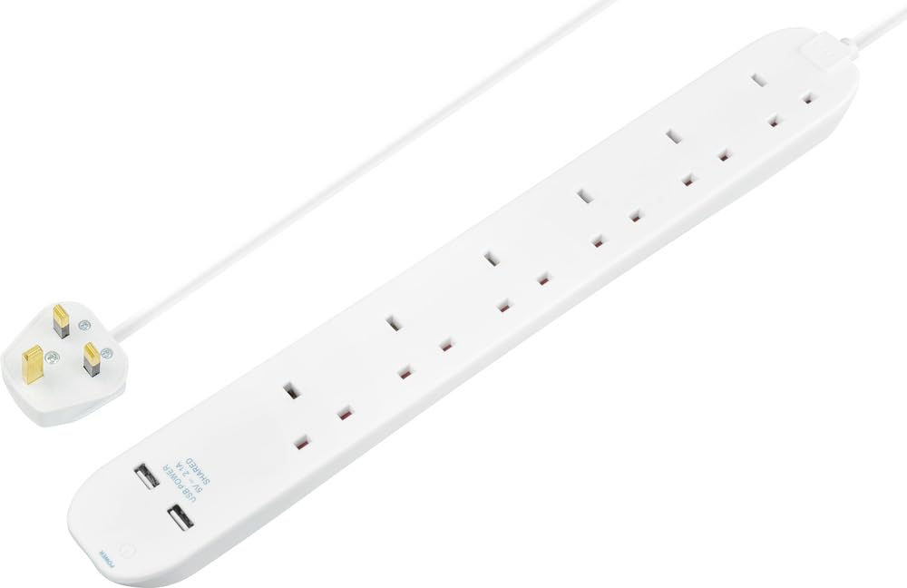 Masterplug 6 Gang Extension Lead with 2 USB Ports, 1m Power Strip – White