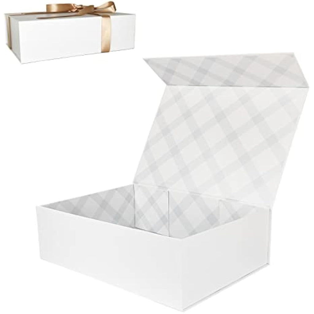 Tekhoho White Magnetic Gift Box with Ribbon and Plaid Lining – 33x24x10cm