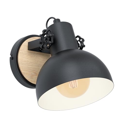 Eglo Lubenham Vintage Industrial Wall Light – Black Steel & Wood