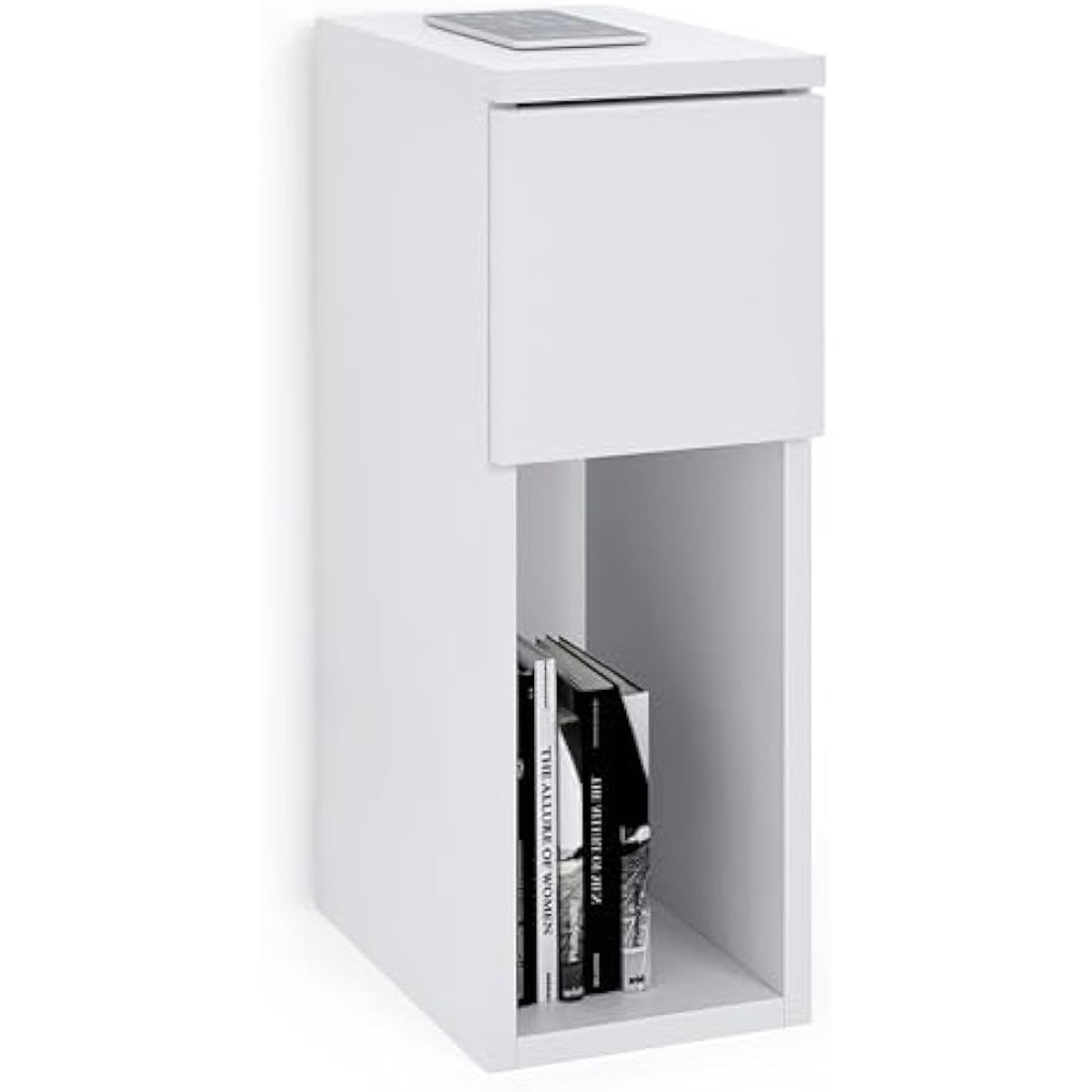 Jolof Store Narrow Bedside Table – Slim White End Table with Drawer
