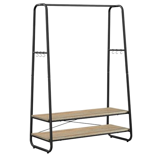 VASAGLE Industrial Clothes Rail | Steel Rack with 2 Shelves & 6 Hooks