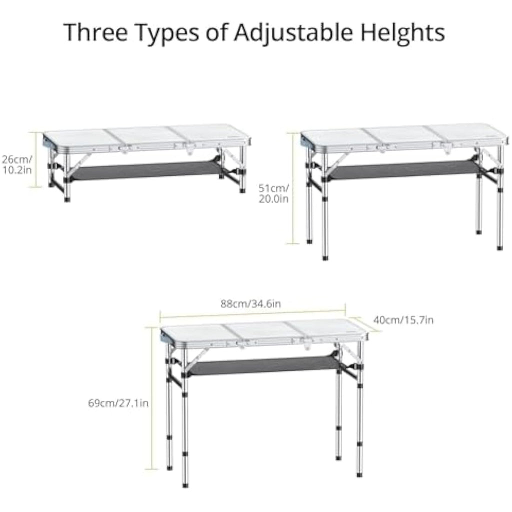 Anbte Aluminum Folding Camping Table | 3 Adjustable Heights with Storage Net