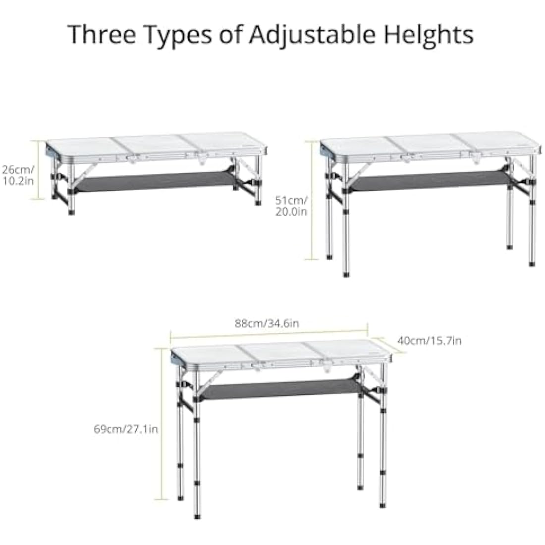 Anbte Aluminum Folding Camping Table | 3 Adjustable Heights with Storage Net