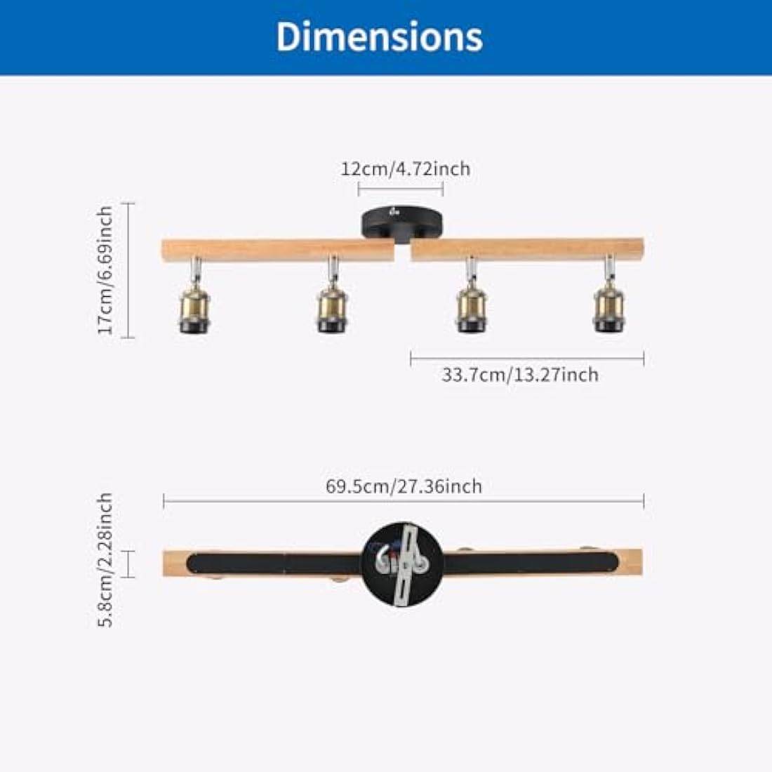 ANWIO 4-Way Adjustable Ceiling Spotlight Bar – Retro Wood & Aluminum