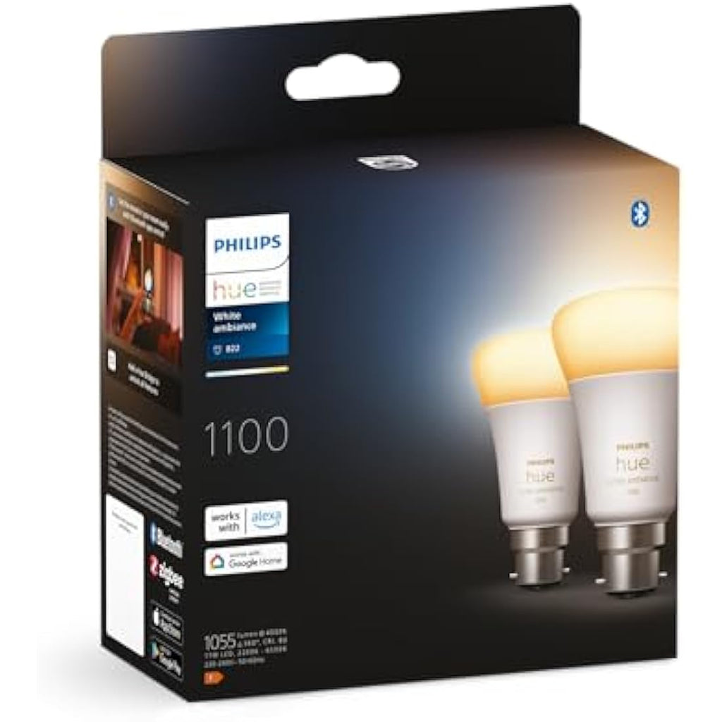 Philips Hue White Ambiance B22 Smart LED Bulbs - 1100 Lumens (2-Pack)
