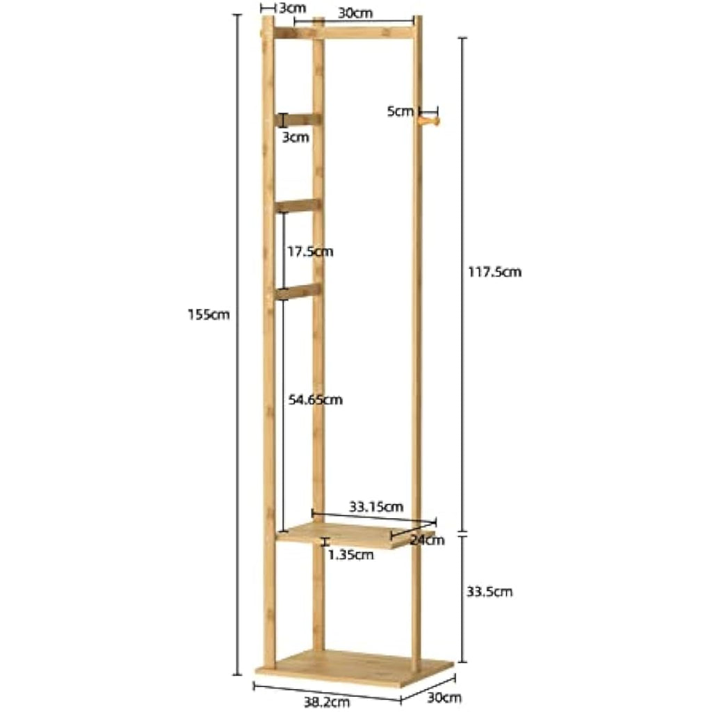 unho Bamboo Corner Coat Rack – Free Standing Hall Tree with 2 Shelves