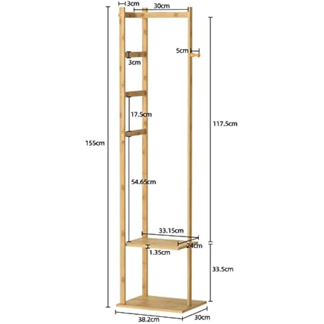 unho Bamboo Corner Coat Rack – Free Standing Hall Tree with 2 Shelves