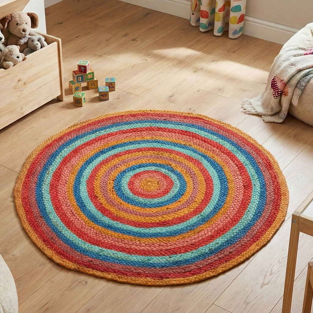 Orsina Kids Multicolour Round Rug – Woven Playroom and Nursery Decor