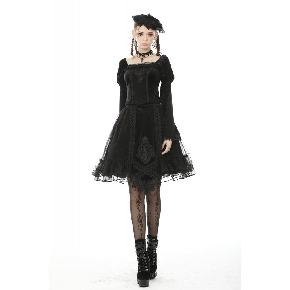 Dark in Love Melisandre Embroidered Velvet Mesh Goth Skirt - Black