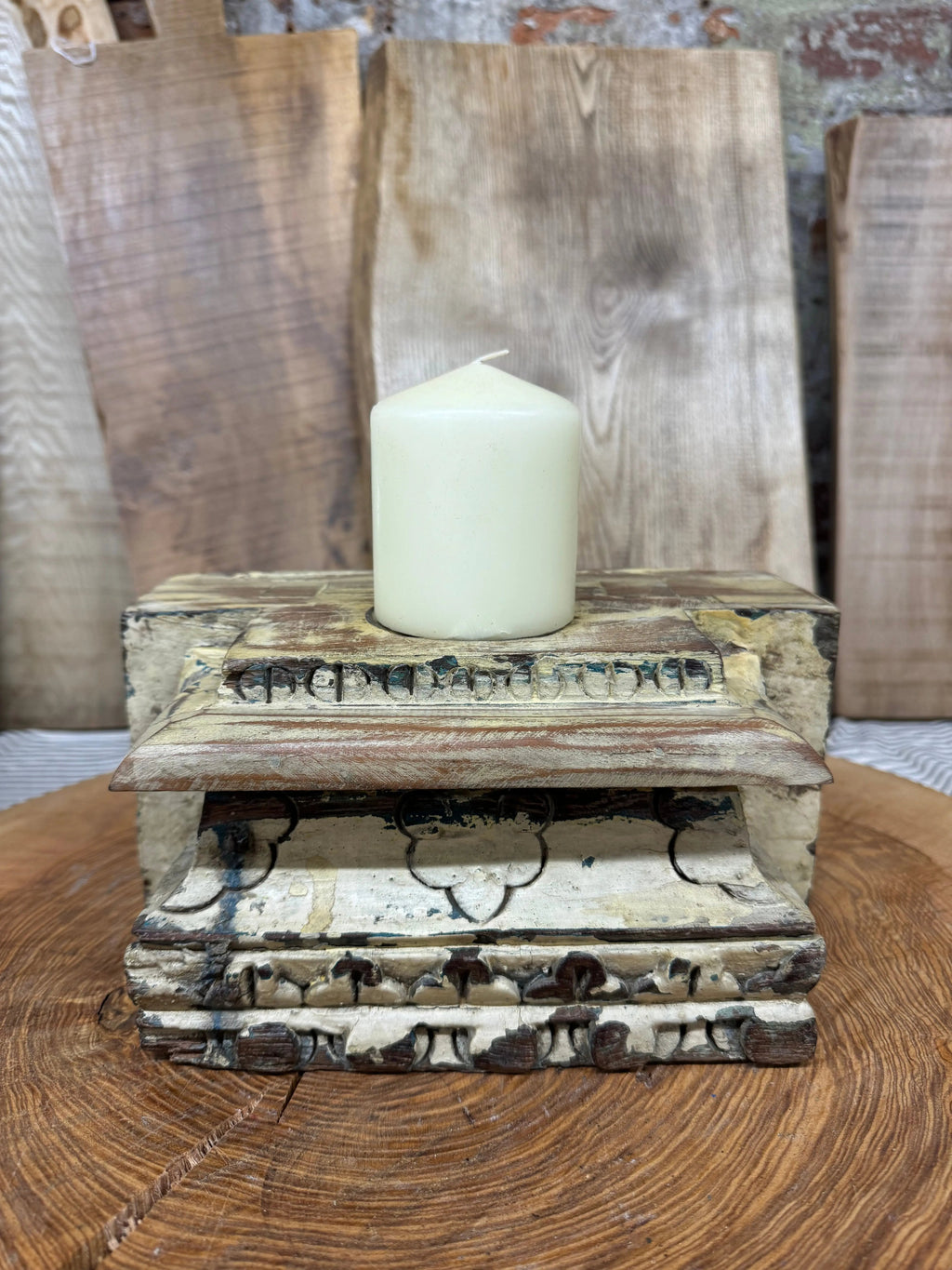 Indian Pillar Candle Holder – Rustic Reclaimed Wood Farmhouse Decor