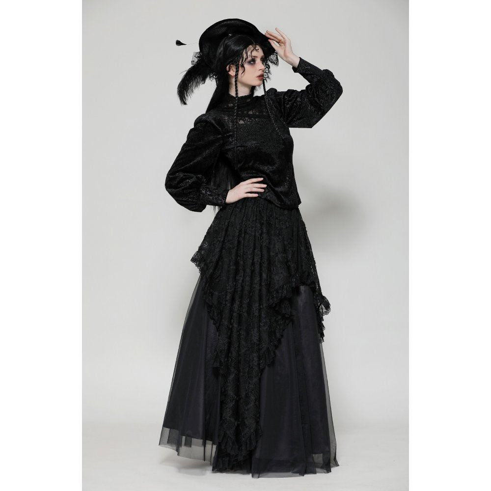 Dark in Love Cyra Gothic Jacquard Velvet Bell Sleeve Turtle Neck Top