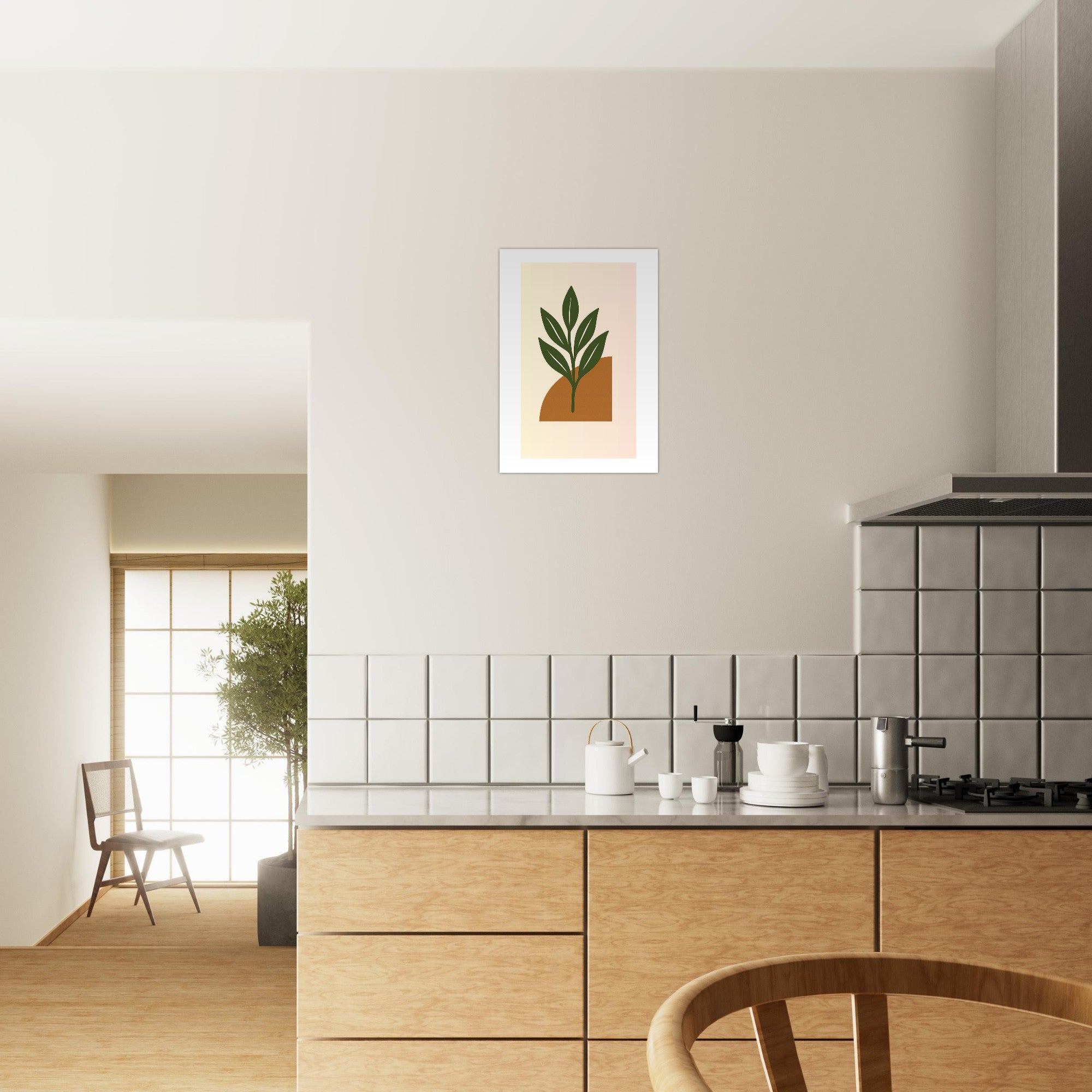 Green Leaf Botanical Wall Art – Minimal Plant Print with Terracotta Accent, Boho Decor