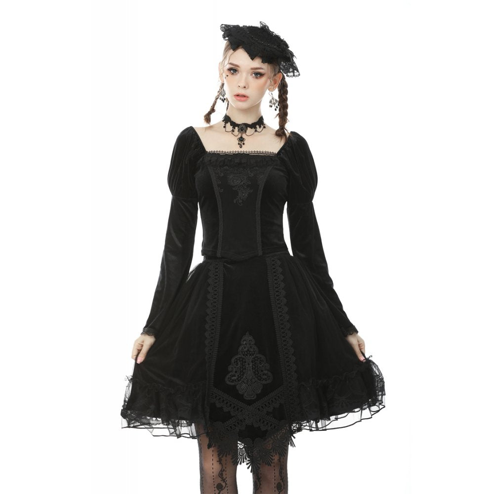 Dark in Love Melisandre Embroidered Velvet Mesh Goth Skirt - Black