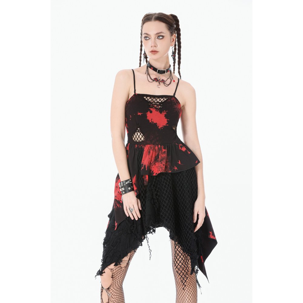 Dark in Love Red & Black Tie Dye Punk Dress | Asymmetric Mesh Goth Style