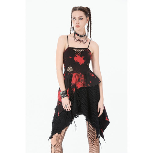 Dark in Love Red & Black Tie Dye Punk Dress | Asymmetric Mesh Goth Style