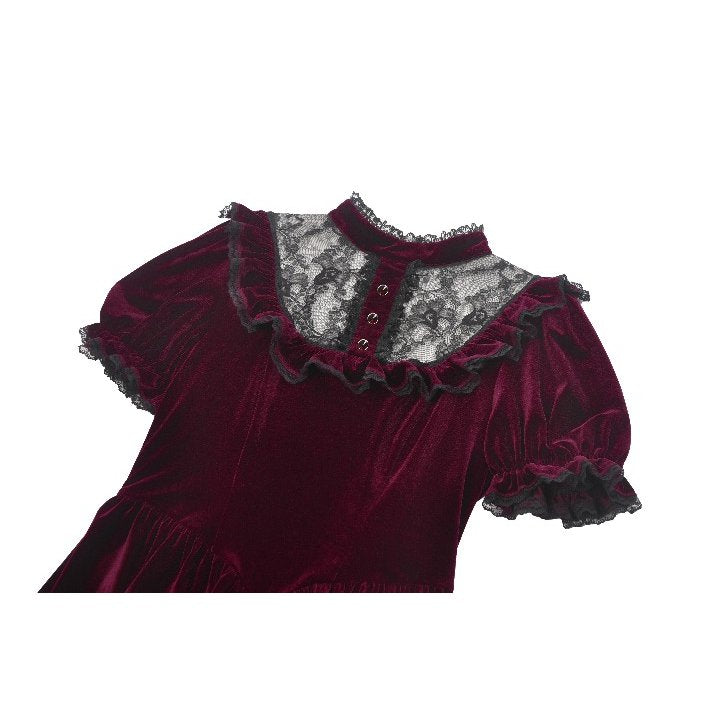 Dark in Love Ophelia Burgundy Velvet Goth Dress with Lace Collar