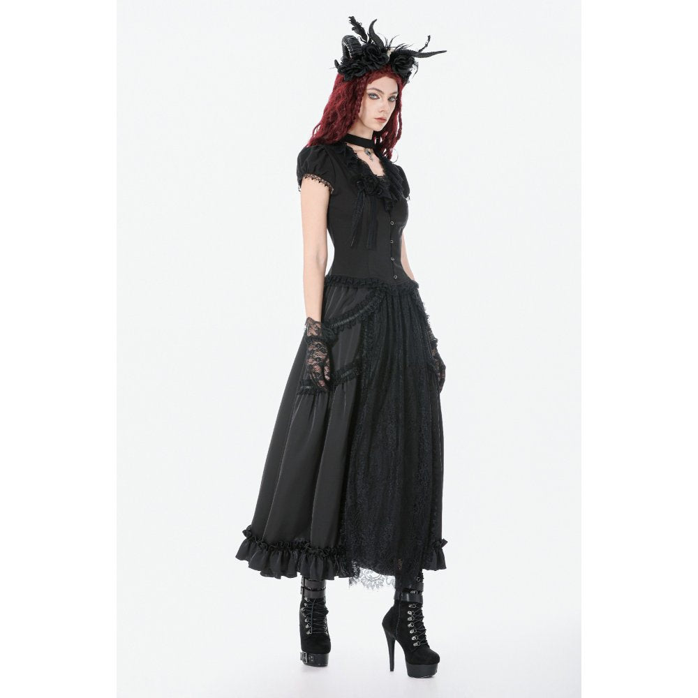 Dark in Love Courtly Cross Gem Gothic Blouse | Black Lace Puff Sleeve
