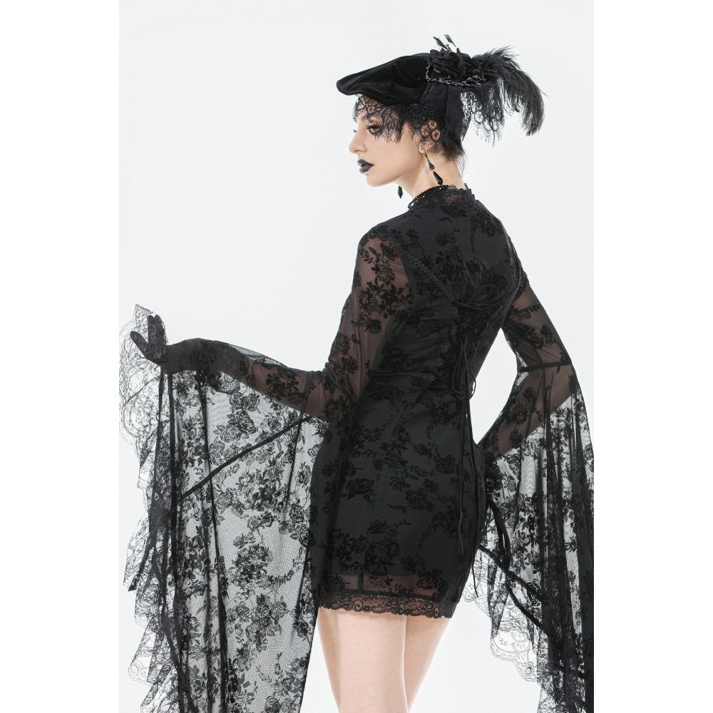 Dark In Love Minerva Black Lace Dress – Gothic Bell Sleeve Mini Dress