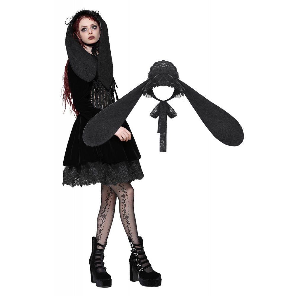 Dark in Love Elowen Black Gothic Lolita Rabbit Ear Bonnet | Rose Lace