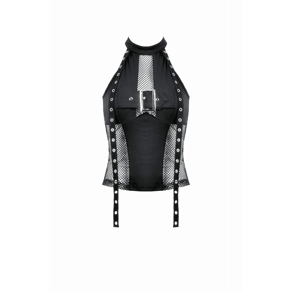 Dark in Love Bondage Mesh Panel Buckle Top – Black Punk Goth Halter