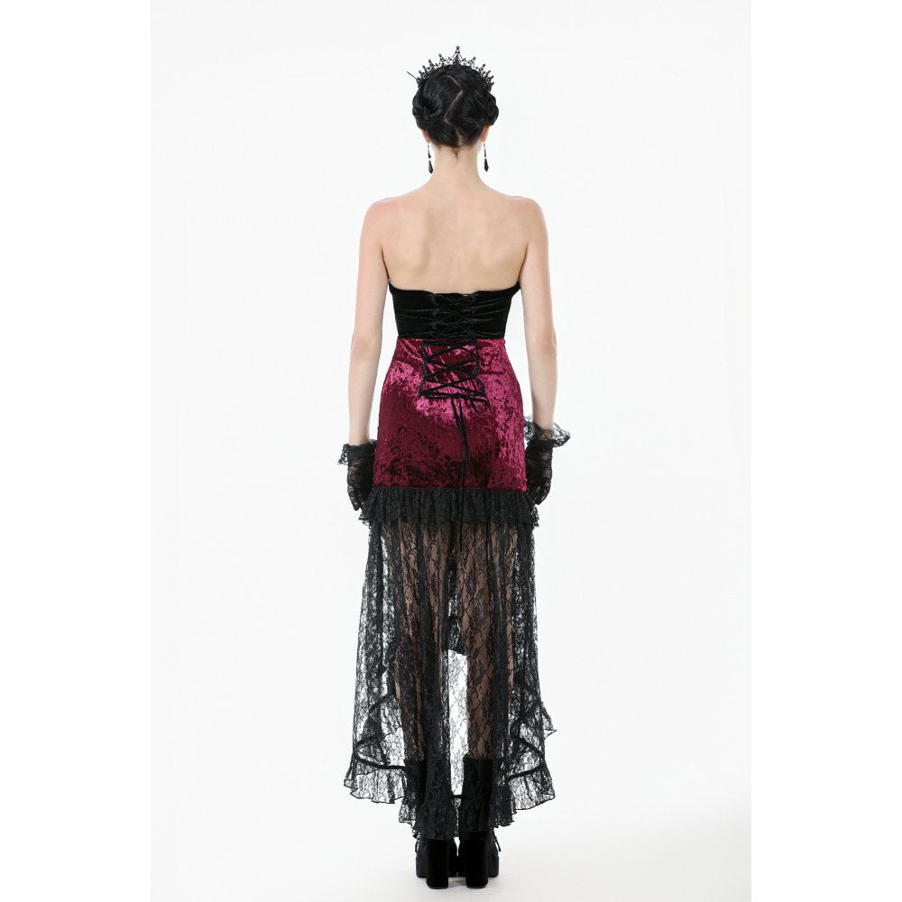 Dark in Love Crimson Queen High-Low Goth Skirt – Burgundy Velvet & Lace