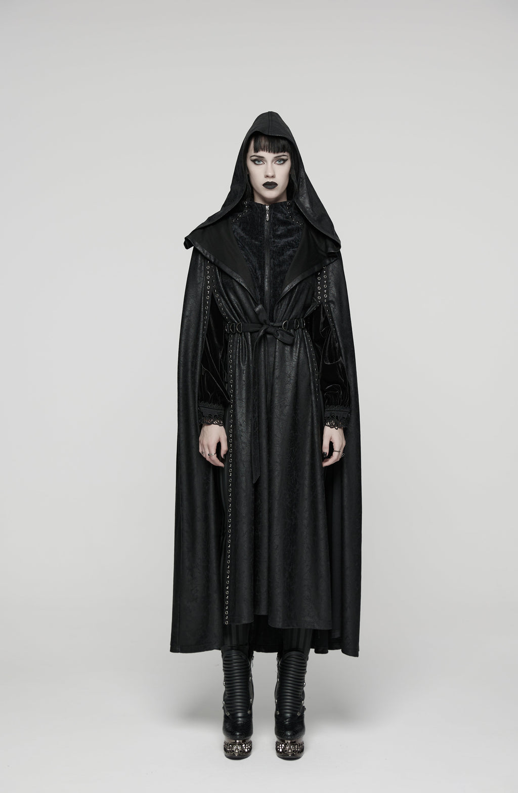 Punk Rave Gothic Hooded Cloak – Full-Length Jacquard & Faux Leather